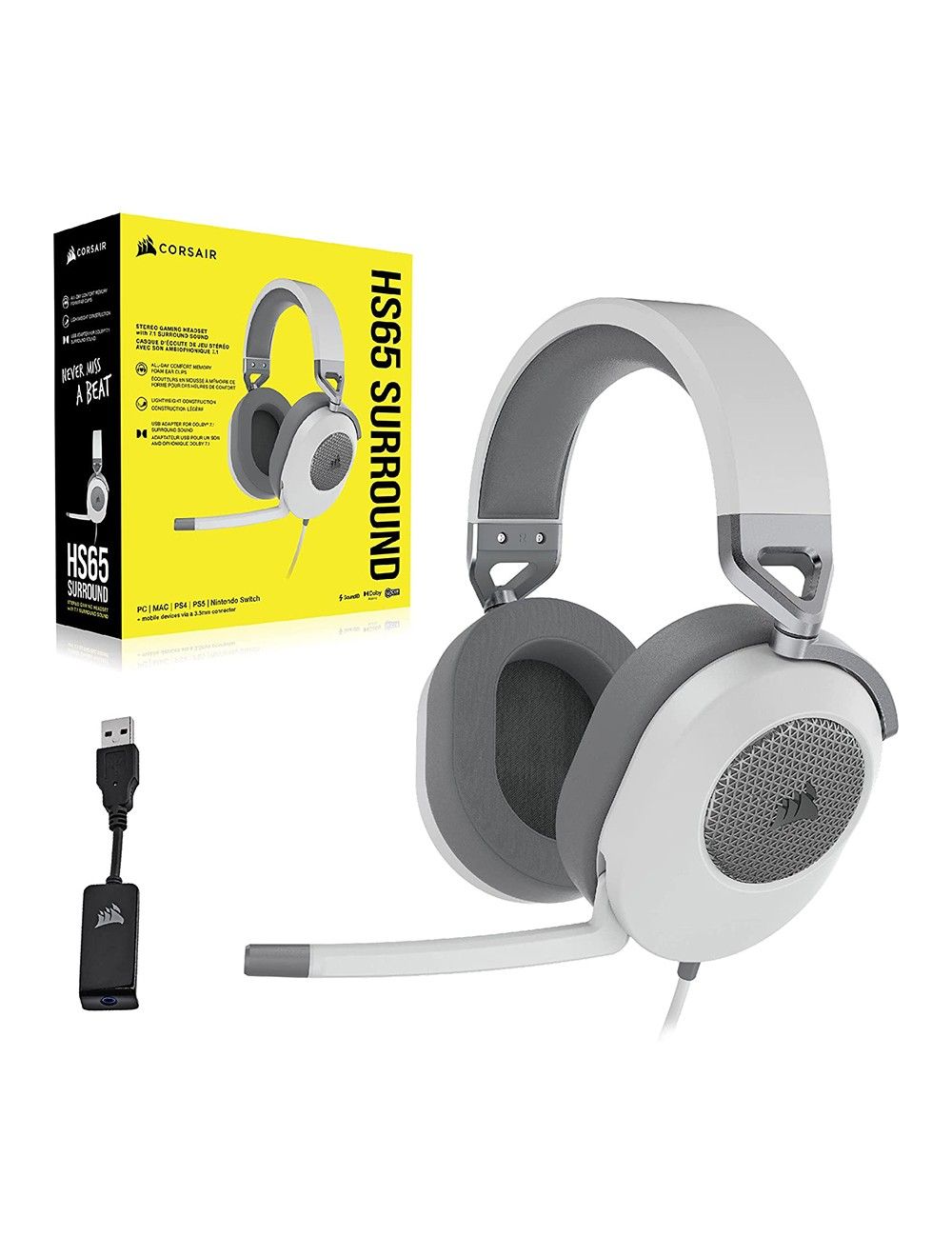 CORSAIR HS65 Surround Stereo Wired Headset, White – EDGE Computer ...