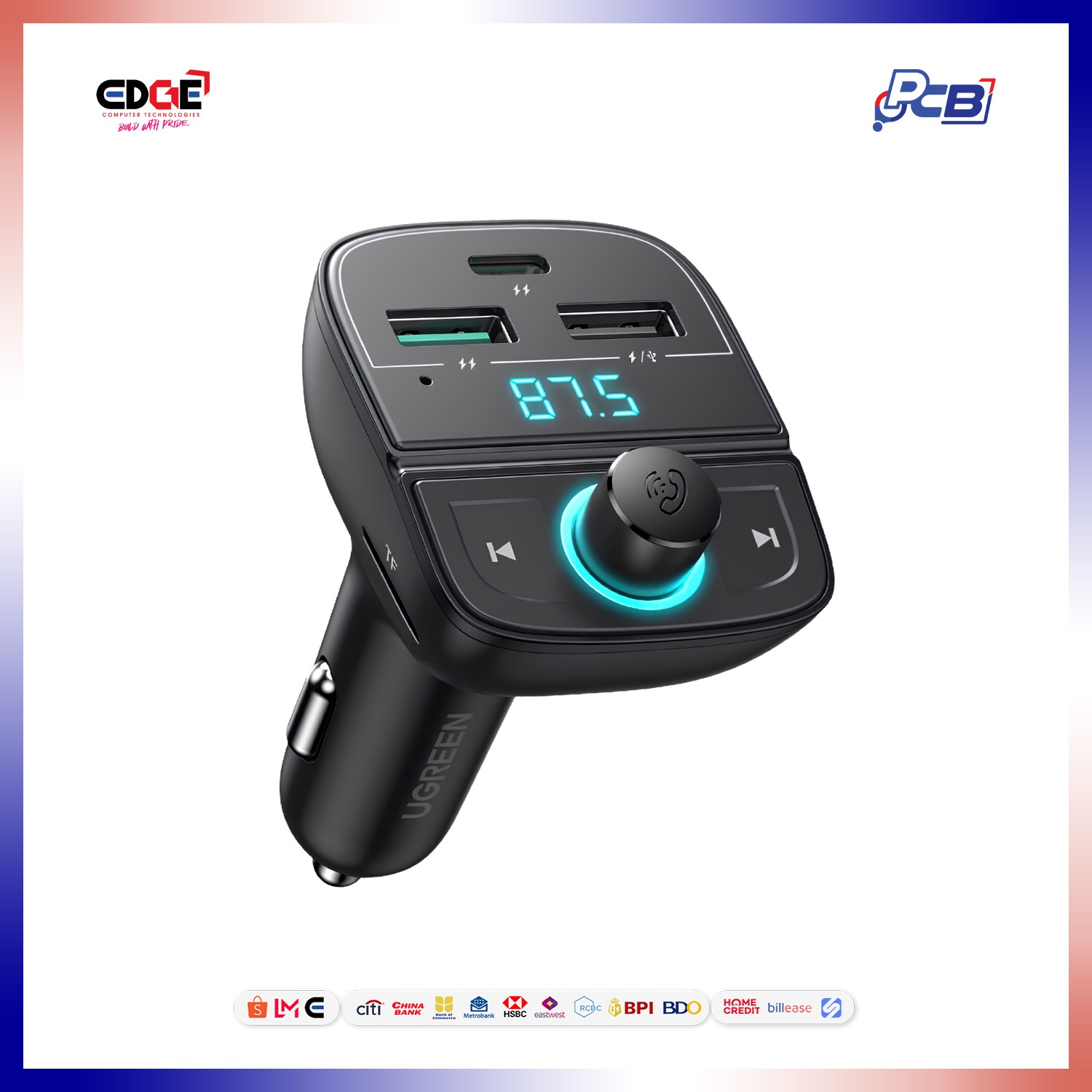 31.5W UGREEN CD229 Bluetooth FM Transmitter, 5.0+PD+QC3.0+USB Flash Drive+TF, Car Charger, Black