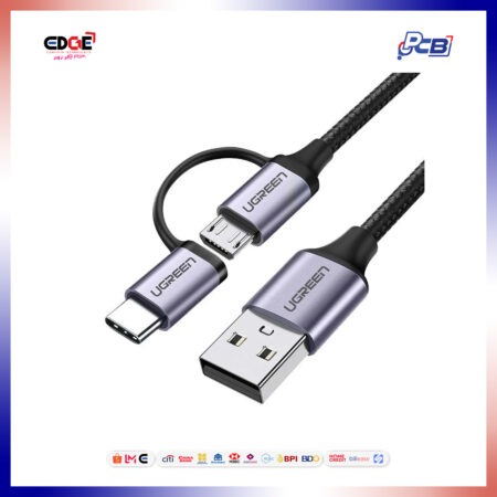 1mtr, UGREEN US177/30875 USB-A to Convertible Micro USB/USB-C Charging Cable, Black
