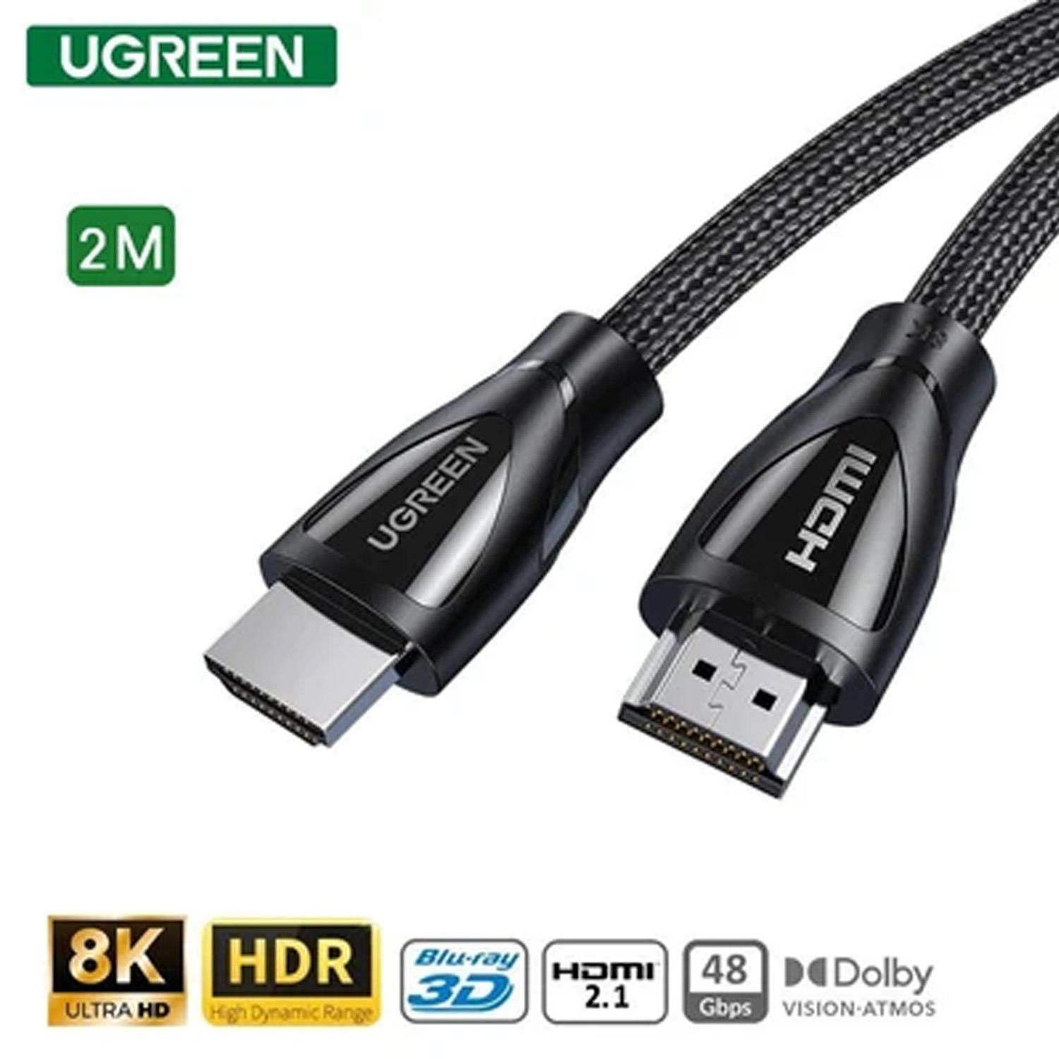 2mtrs, UGREEN HD140/80403 Aluminum Alloy Shell Braided 8K Male to Male HDMI Cable, Black - Image 2