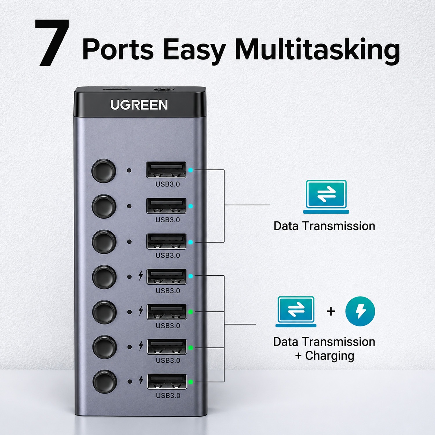 UGREEN CM481/90305 USB-C 3.0 7 Port USB Hub, Gray - Image 2