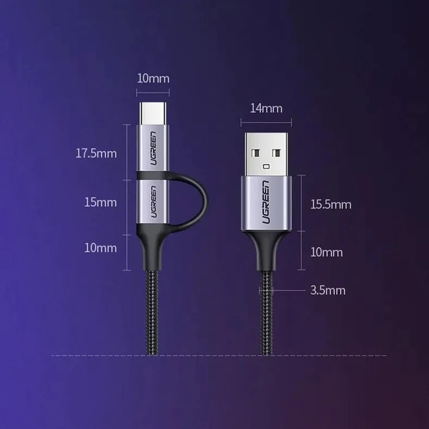 1mtr, UGREEN US177/30875 USB-A to Convertible Micro USB/USB-C Charging Cable, Black - Image 7