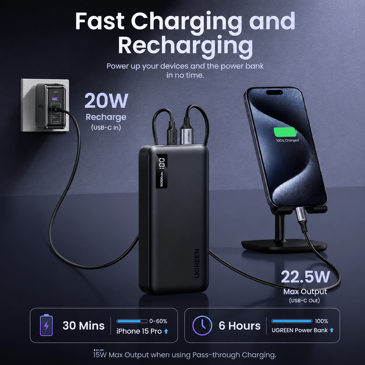 20000mAh/20W, UGREEN PB312/95424B Two-way Charging Power Bank, Black - Image 7