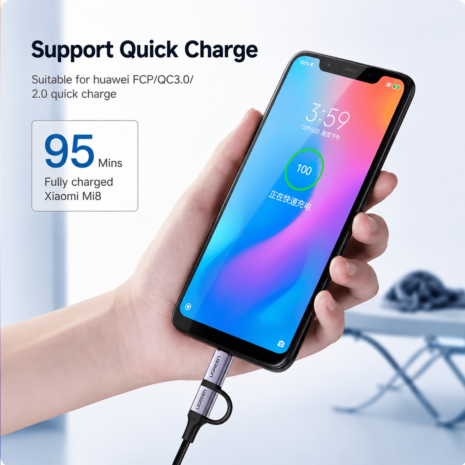1mtr, UGREEN US177/30875 USB-A to Convertible Micro USB/USB-C Charging Cable, Black - Image 6