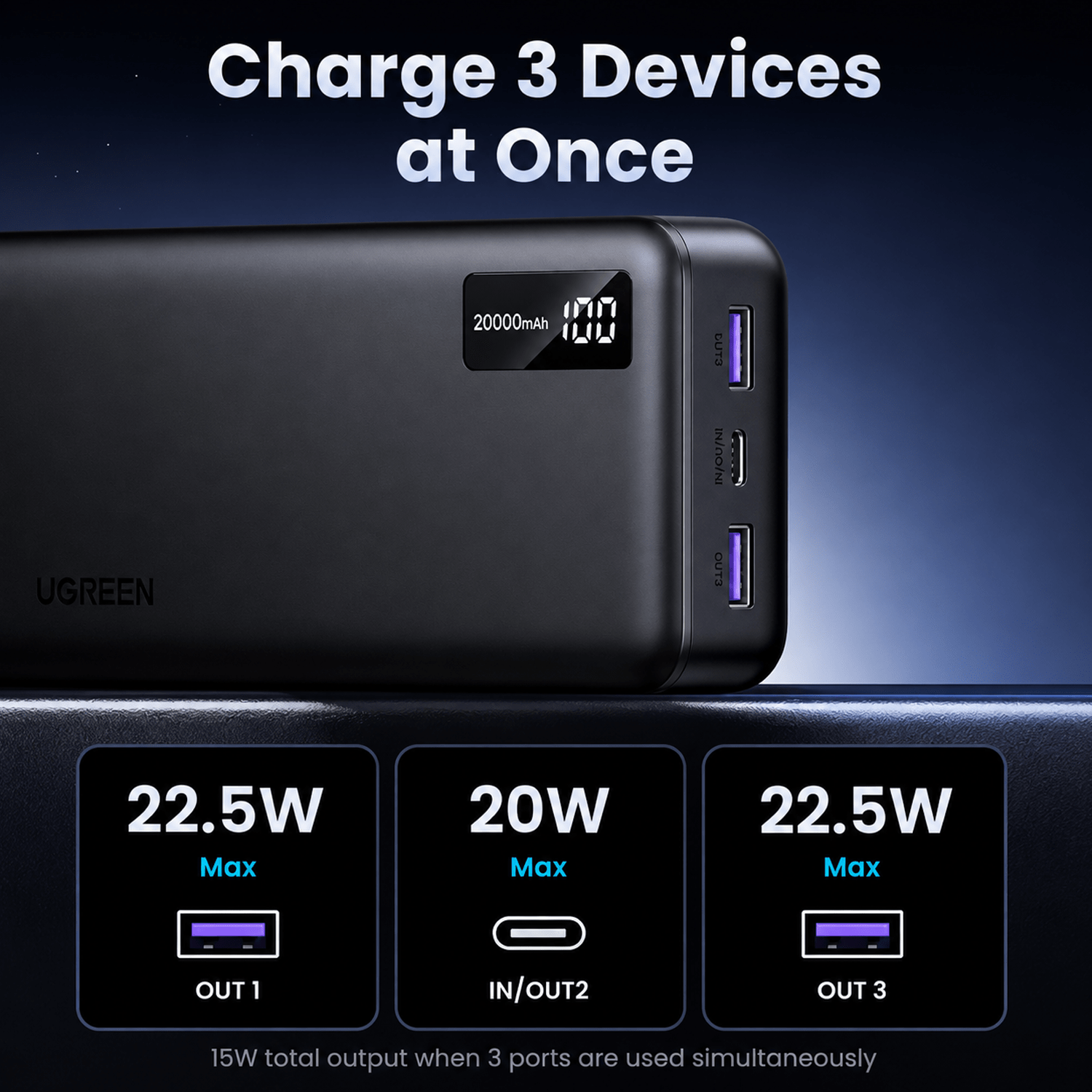 20000mAh/20W, UGREEN PB312/95424B Two-way Charging Power Bank, Black - Image 3