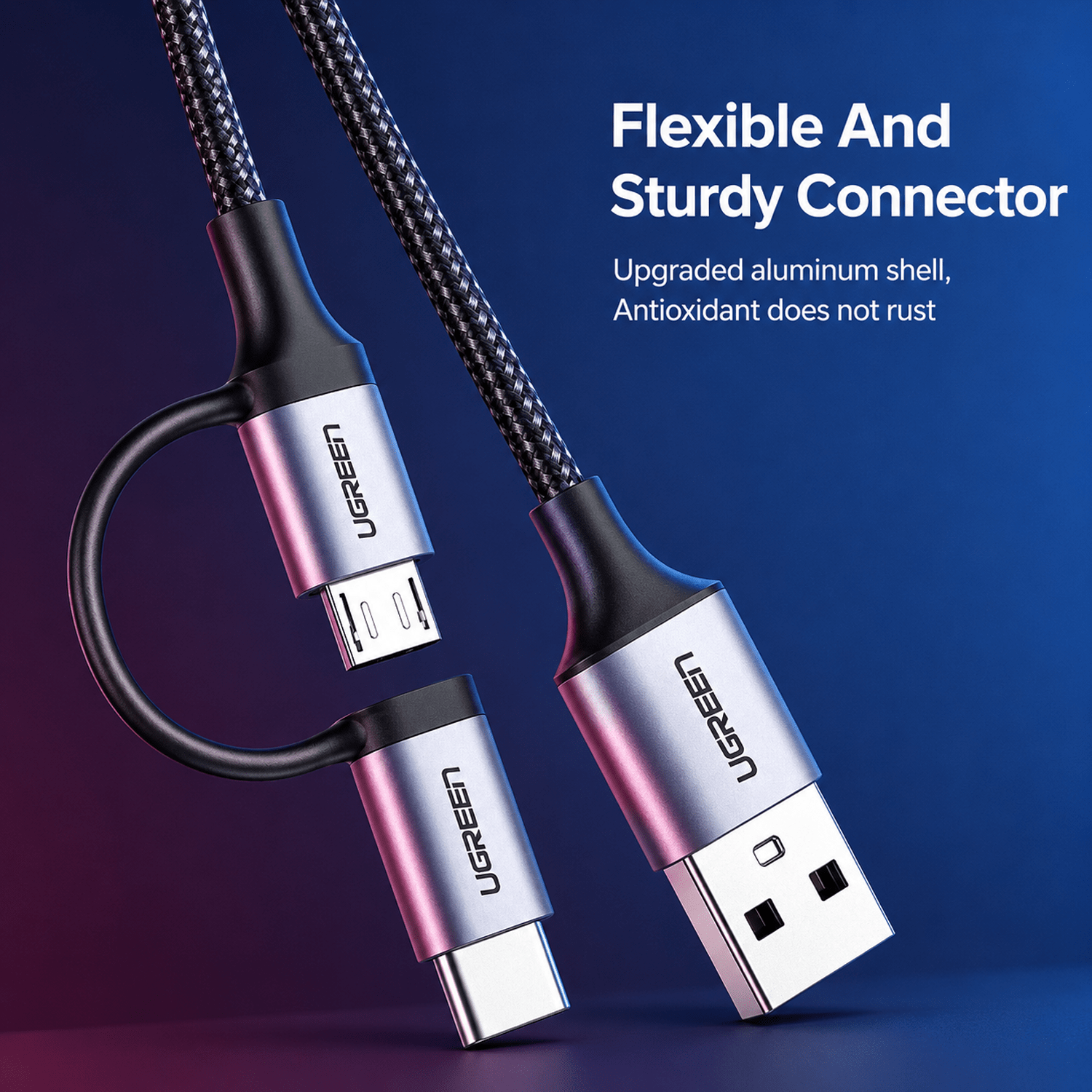 1mtr, UGREEN US177/30875 USB-A to Convertible Micro USB/USB-C Charging Cable, Black - Image 5