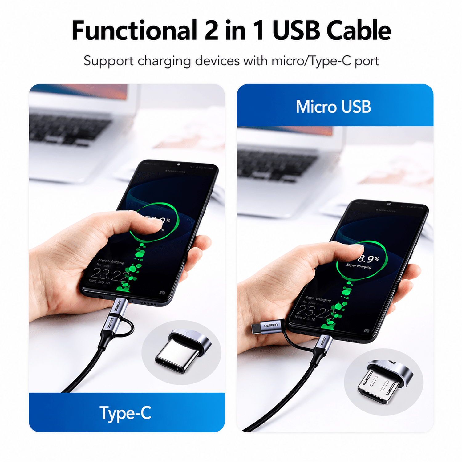 1mtr, UGREEN US177/30875 USB-A to Convertible Micro USB/USB-C Charging Cable, Black - Image 4