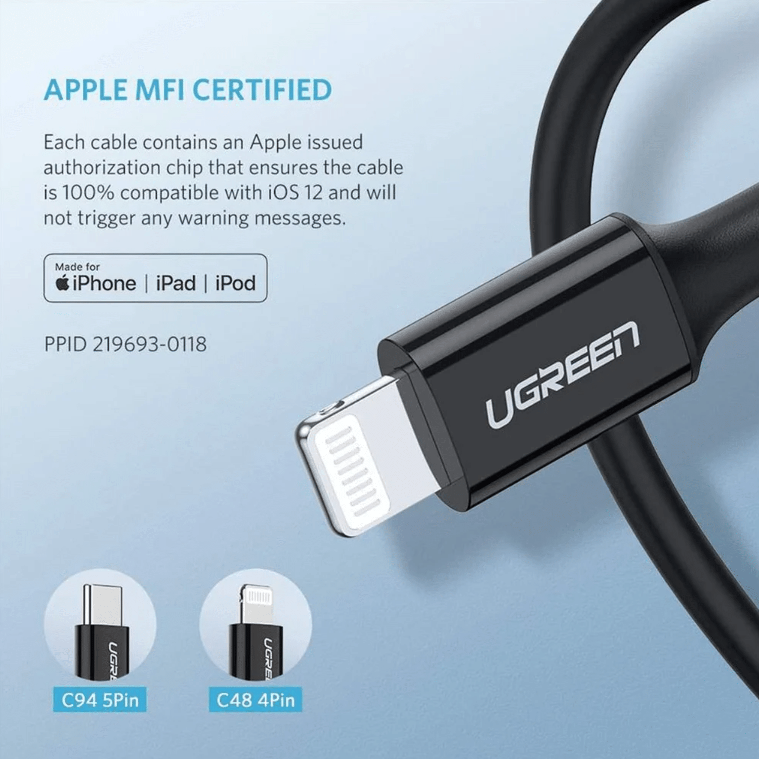 2mtrs, UGREEN US171/60752 USB-C to Lightning, Cable Rubber Shell, Black - Image 3